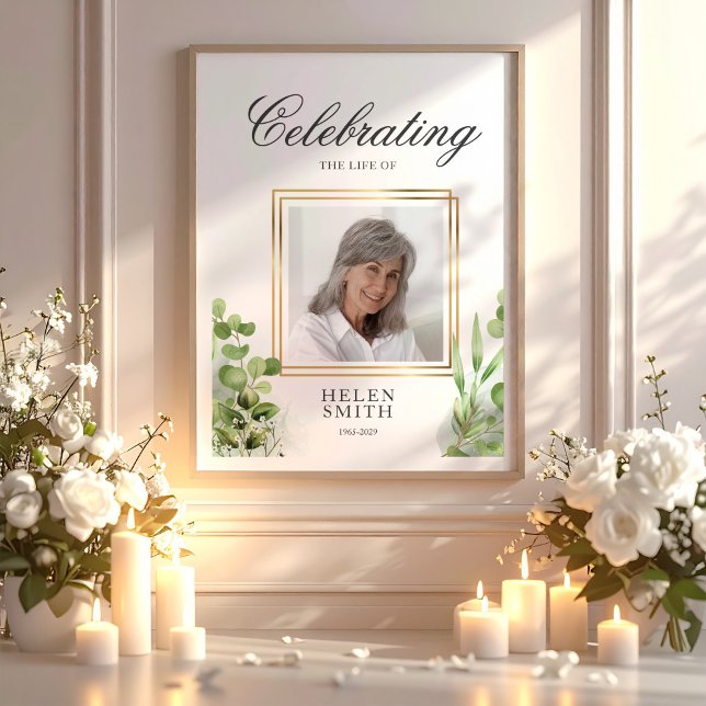 Poster Celebração Memorial da Vida Elegante Vegetação (Memorial Celebration of Life Elegant Greenery Poster, Loss Of Mom Gift, Loss Of Loved One)