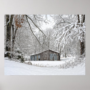 Pôster Celeiro do vintage na neve fresca - Tennessee