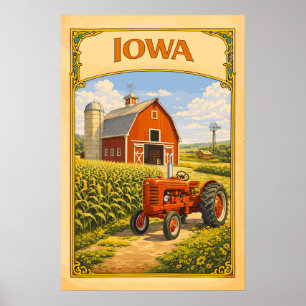 Poster Celeiro Vermelho de Iowa e Trator Clássico Vintage