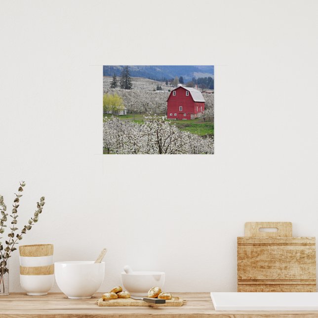 Poster Celeiro Vermelho Pitoresco e Flores de Pêra (Cozinha)