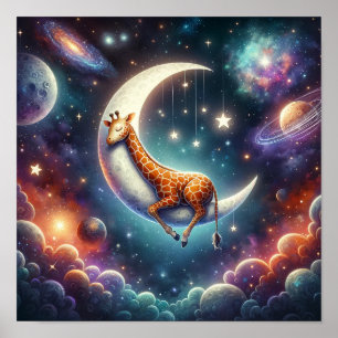 Poster Celestial Baby Giraffe Dormindo em Lua e Estrelas