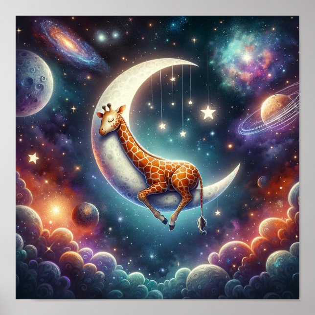 Poster Celestial Baby Giraffe Dormindo em Lua e Estrelas (Frente)