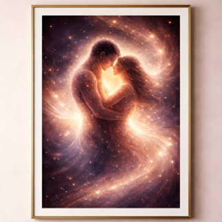Poster Celestial Devotion – Abstract Cosmic Couple Art