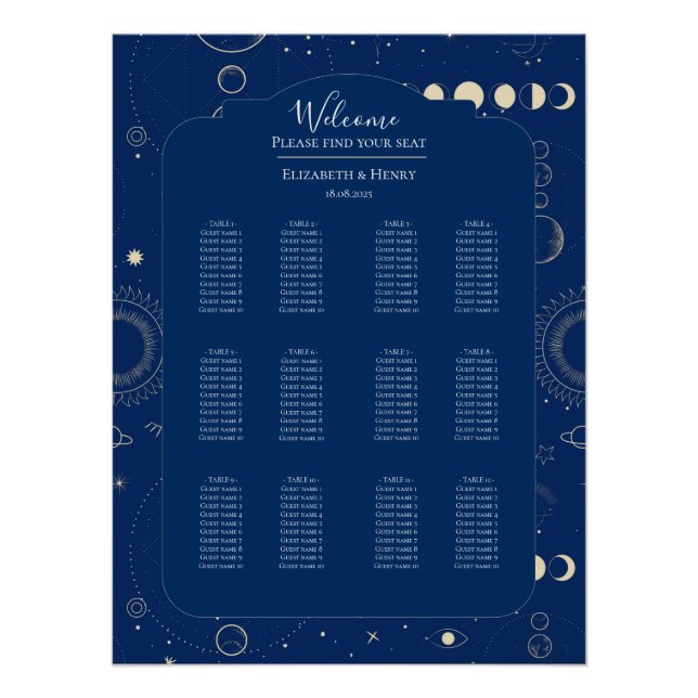 Pôster Celestial moon sun stars navy wedding seating plan (Frente)