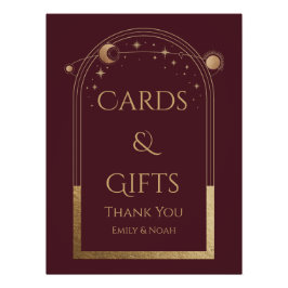 Pôster Celestial Red Dourado Sol Lua Estrelas Cartões e P