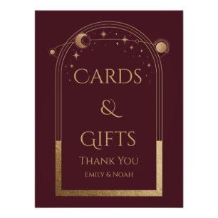 Pôster Celestial Red Dourado Sol Lua Estrelas Cartões e P