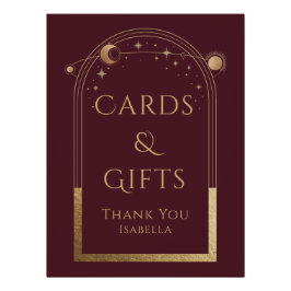 Pôster Celestial Red Dourado Sol Lua Estrelas Cartões e P