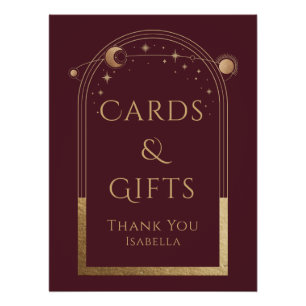 Pôster Celestial Red Dourado Sol Lua Estrelas Cartões e P