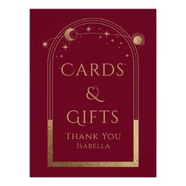 Pôster Celestial Red Dourado Sol Lua Estrelas Cartões e P