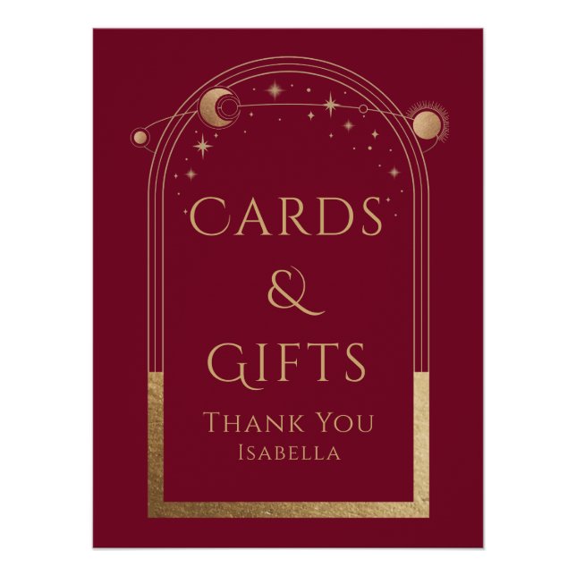 Pôster Celestial Red Dourado Sol Lua Estrelas Cartões e P (Frente)