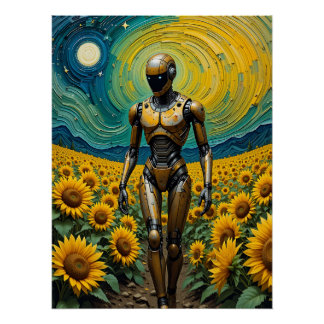 Pôster Celestial Sentience: Robot in Sunflower Fields