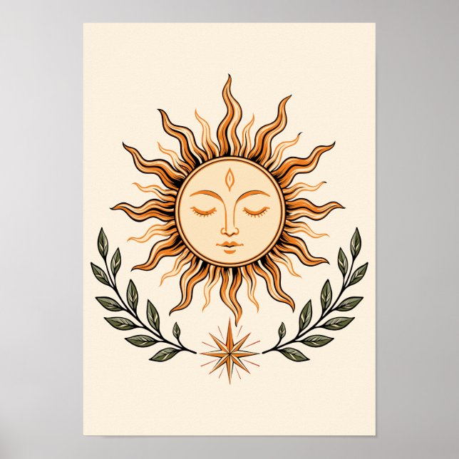 Poster Celestial Sun Face Botanical Mystical Art (Frente)