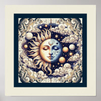 Celestial Vintage Meio Sol & Lua Azul Amarelo