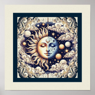 Poster Celestial Vintage Meio Sol & Lua Azul Amarelo