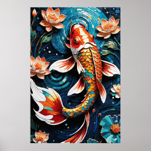 Poster Cena Aquática de Vibrant Koi e Belas Flores
