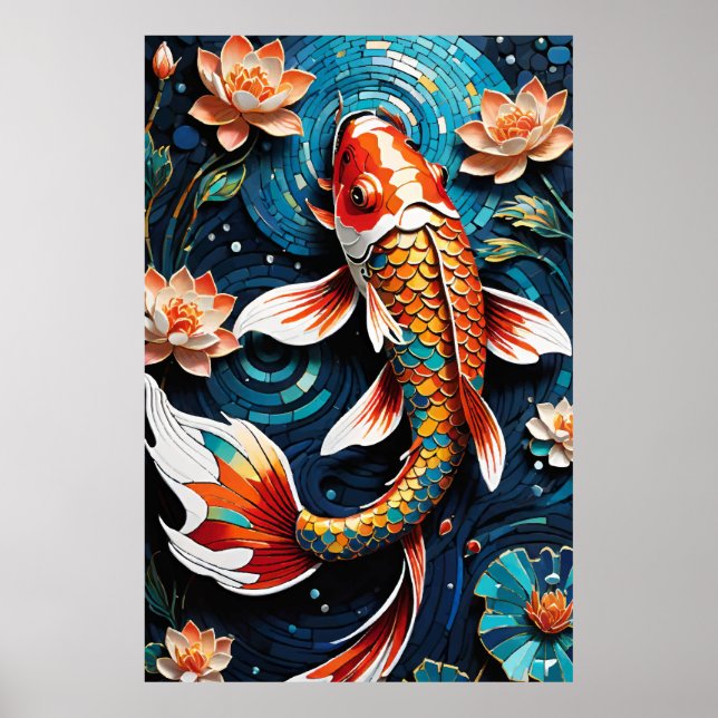 Poster Cena Aquática de Vibrant Koi e Belas Flores (Frente)