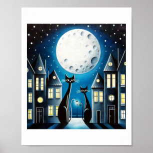 Poster Cena Caprichosa da Cidade Noturna com Dois Gatos P