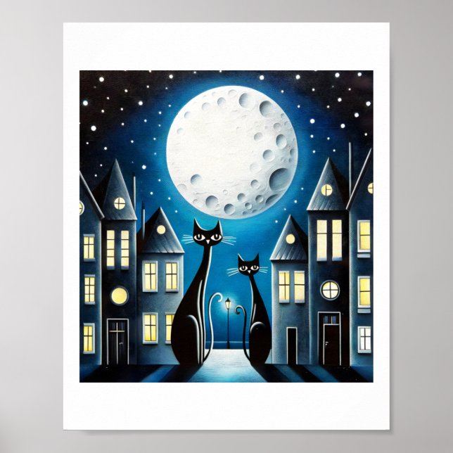 Poster Cena Caprichosa da Cidade Noturna com Dois Gatos P (Frente)