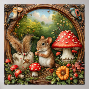 Poster Cena caprichosa da natureza com rato, cogumelos