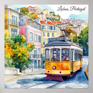 Poster Cena Colorida de um Bonde Antigo em Lisboa, Portug