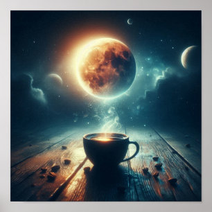 Poster Cena Cósmica da Lua Surrealista na Xícara de Café