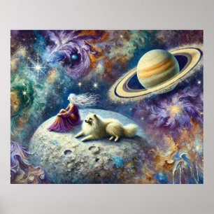 Poster Cena Cósmica Etérea com Mulher, Cachorro e Saturno