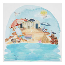 Cena Costeira de Aquarela