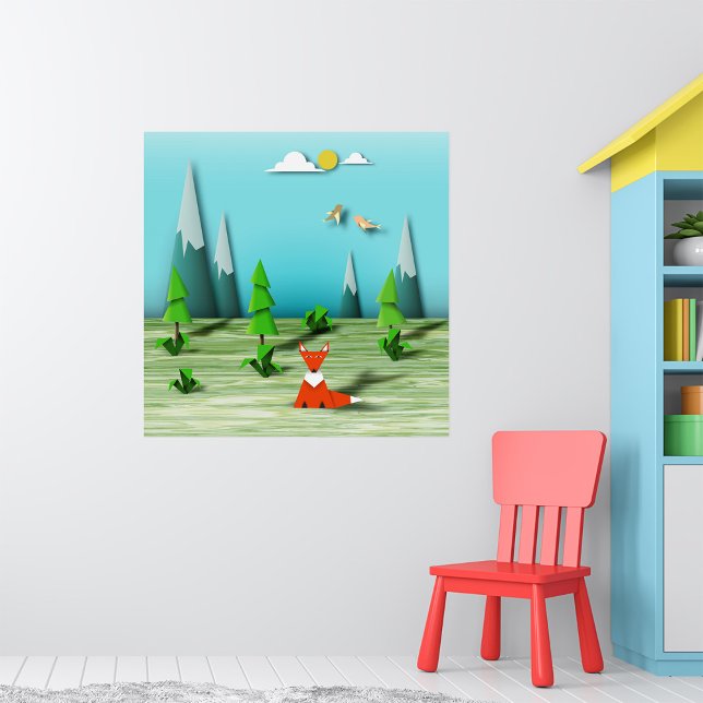 Poster Cena da Floresta Origami com Montanhas Fox e Aves (Criador carregado)