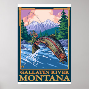 Pôster Cena da pesca com mosca - rio do Gallatin, Montana
