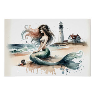 Pôster Cena de aquarela costeira do Farol da Sereia