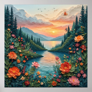 Poster Cena de arte em papel colorido de um pôr do sol