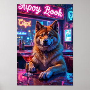 Poster Cena de bar do Akita americano, cachorro engraçado