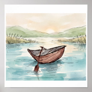 Poster Cena de barco de madeira em aquarela serena no lag