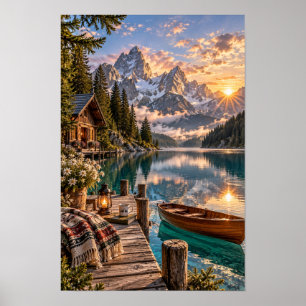 Poster Cena de Cabana no Lago Alpino ao Nascer do Sol Art
