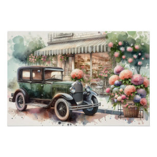 Pôster Cena de Carro Retrô e Loja de Flores