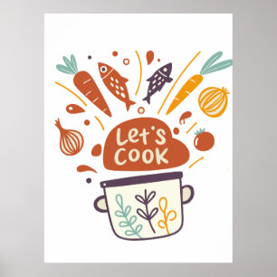 Poster Cena de cozinha branca com texto "Vamos cozinhar" 