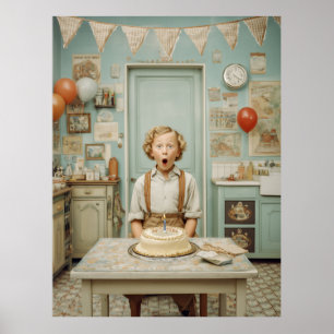 Poster Cena de Cozinha de Aniversário Vintage Surpresa