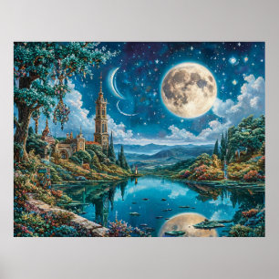 Poster Cena de Fantasia Encantadora com Castelo ao Luar