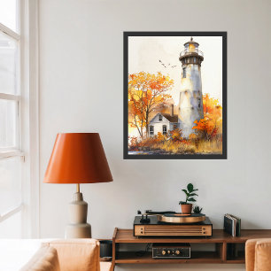 Poster Cena de Farol de Outono Costeiro Vibrante em Aquar