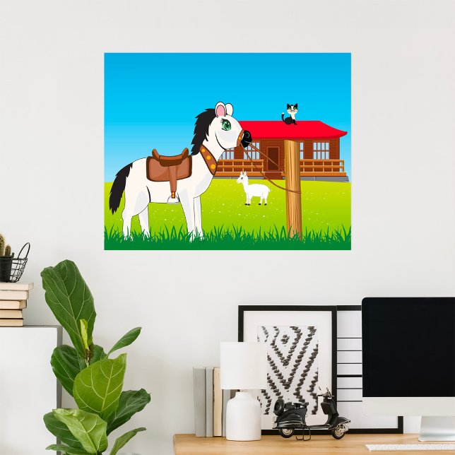 Poster Cena de Fazenda de Desenho Animado com Cavalo Gato (Criador carregado)