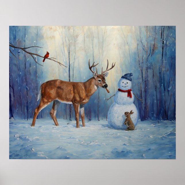 Poster Cena de Férias de Inverno Deer e Happy Snowman (Frente)
