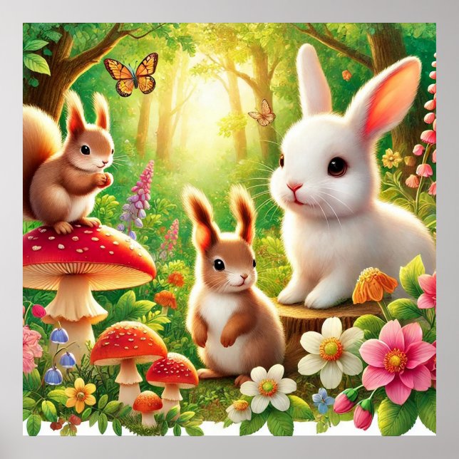 Poster Cena de Floresta Whimsical com Coelhos, Esquilos (Frente)