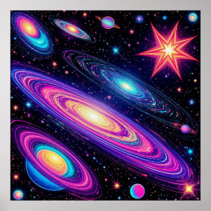 Poster Cena de Galáxia Abstrata com Estrelas, Planetas