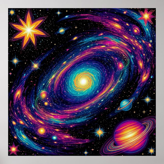 Poster Cena de Galáxia Abstrata com Estrelas, Planetas (Frente)
