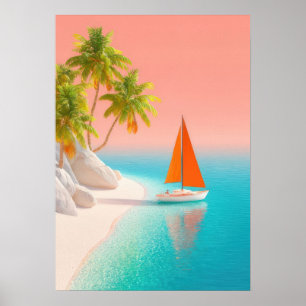 Poster cena de ilha tropical com palmeiras, veleiro