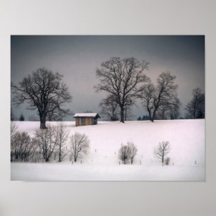 Poster Cena de inverno, colina e árvores, cabana