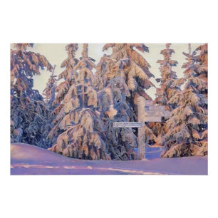 Pôster Cena de inverno com árvores nevadas aquarela