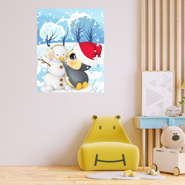 Poster Cena de Inverno Com Pinguim e Boneco de Neve (Criador carregado)