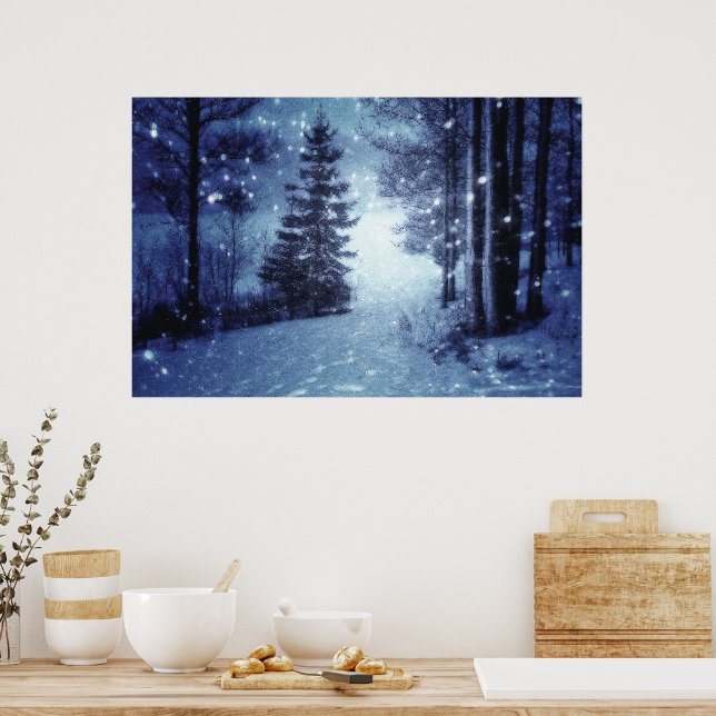 Poster Cena de inverno da Floresta Mágica Azul Lua (Cozinha)