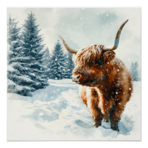 Pôster Cena de inverno da Vaca em Highland Watercolor